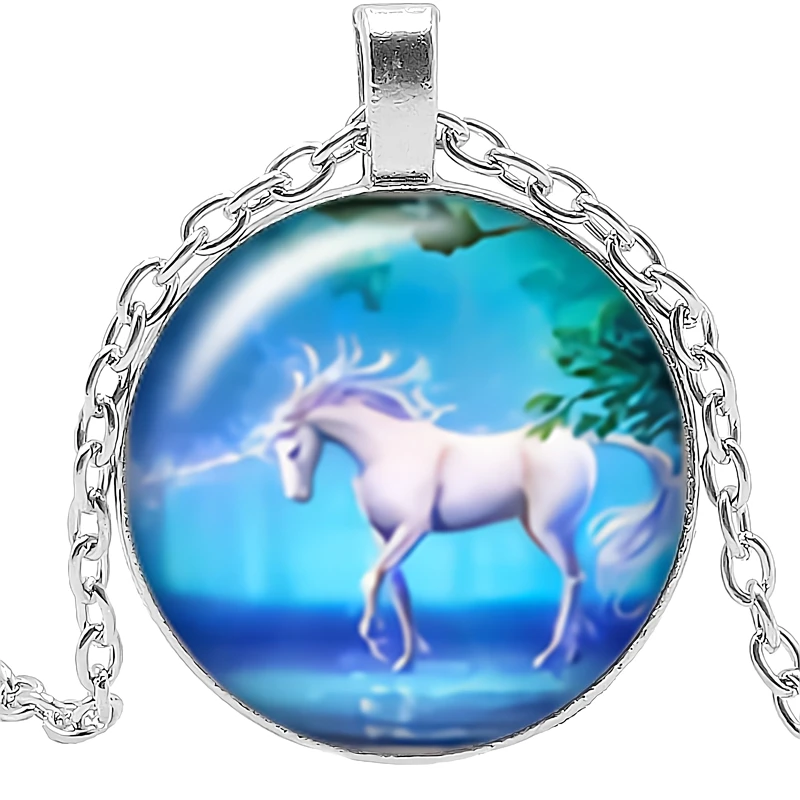 

2020 New Hot Creative Cartoon Unicorn Necklace Gift Glass Convex Silver Pendant Horse Necklace Fashion Jewelry