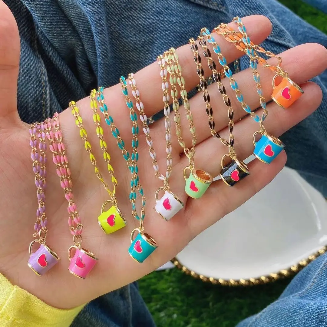 

5Pcs Lovely small colorful 3D coffee cup pendant,Cute enamel charm jewelry Necklace for Women Chokers Necklaces
