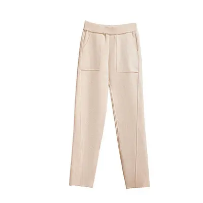 beige Женские зимние теплые шерстяные Плотные шаровары трикотажные штаны по лодыжку в стиле ретро утепленные однотонные розовые/синие повседневные свободные трикотажные штаны брюки - Цвет: beige