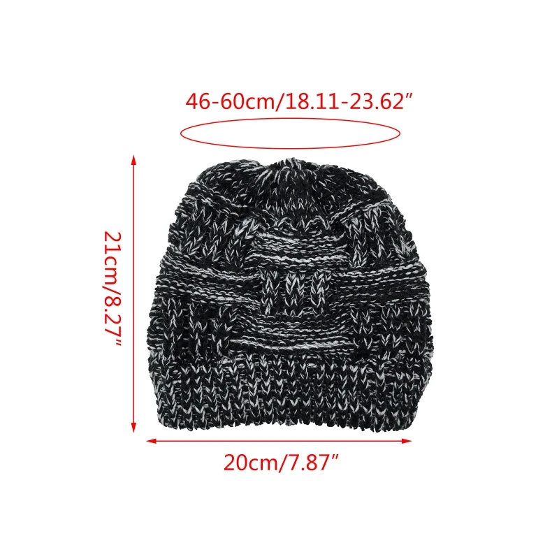 

Women Winter Chunky Plaid Knitted Beanie Hat with Ponytail Hole High Messy Bun Solid Color Stretch Skull Cap Ear Warmer