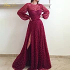 Женское вечернее платье Berylove, с высоким разрезом, с бисером, длинным рукавом, винного красного цвета