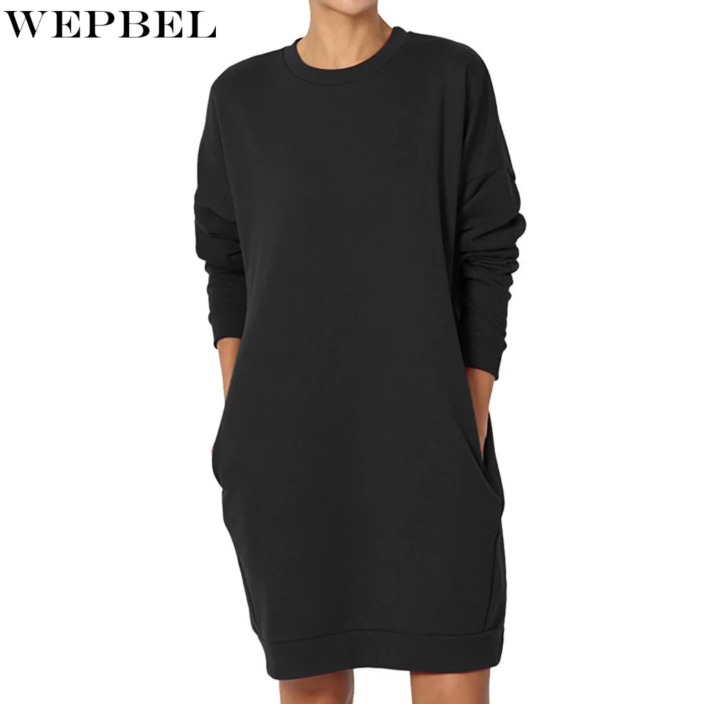 

WEPBEL Spring and Autumn Fashion Solid Color Pocket Loose T-Shirts Women's Casual Long Sleeve O-Neck Long Pullover T-Shirts