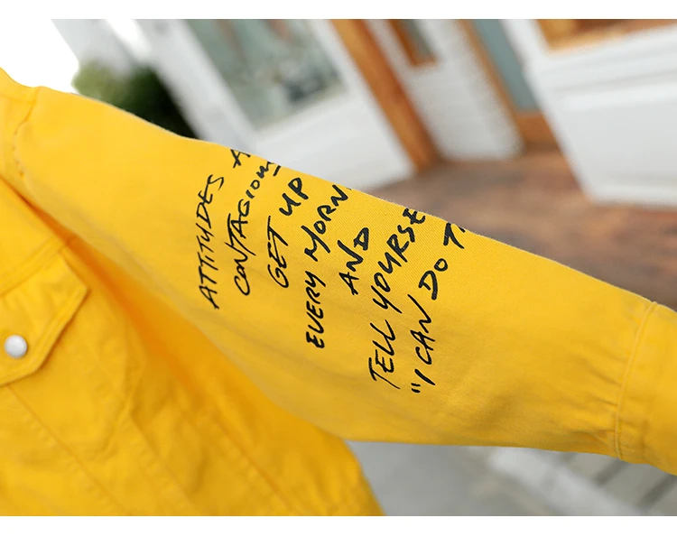 

2020 Spring New fashion Letter print Yellow casual Denim Jacket Women's Long sleeve Jean Coat Femme