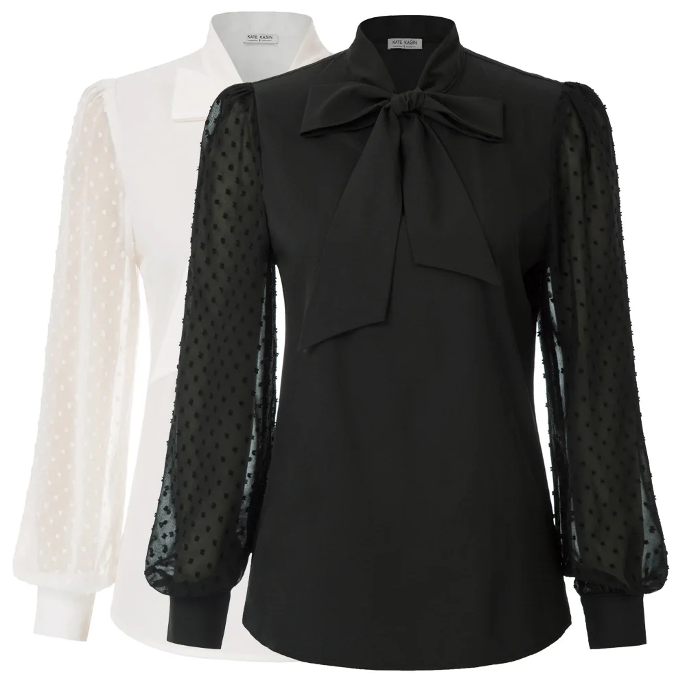 

Summer Blouses Women Bow-Knot Shirt Pullover Long Sheer Sleeves V-Neck Tops Polka Dot Office Shirts OL Ladies Work Wear Party