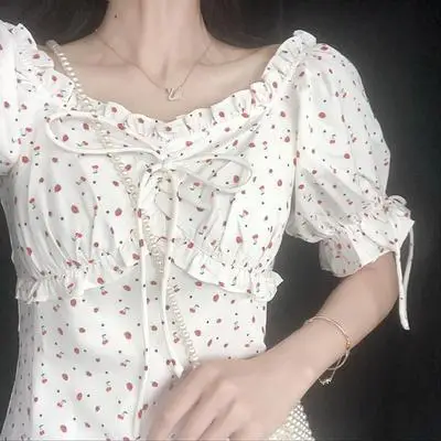 

Strawberry Dress Women Elegant Chiffon Floral Print Dress Casual Slim Puff Sleeve Ruffle One-Piece Dress Sweet Korean 2021 Lady