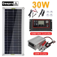 30w solar panel kit complete battery charger 220w inverter 10a controller usb 220v solar power system for home grid camp phone