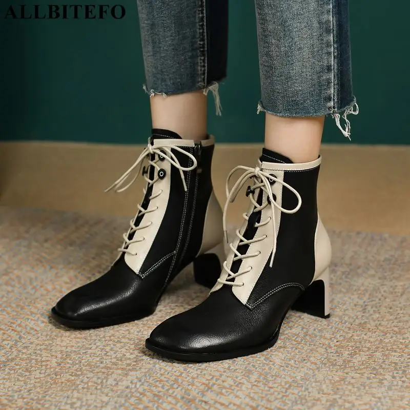 

ALLBITEFO Size 33-40 Cross Tied Mixed Colors Fashion Genuine Leather Winter Women Boots High Heel Shoes Female Ankle Boots