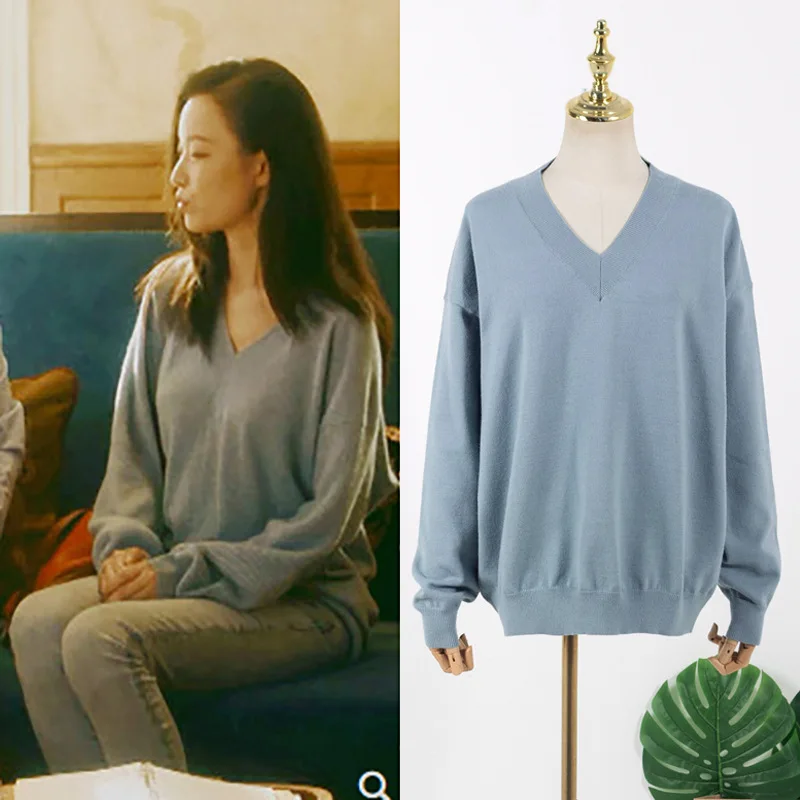 

Kpop IU Seo Yea Ji Early Spring New Loose Light Blue V-neck Pullover Sweater Women Streetwear Fashion Long-Sleeved Knit Sweaters