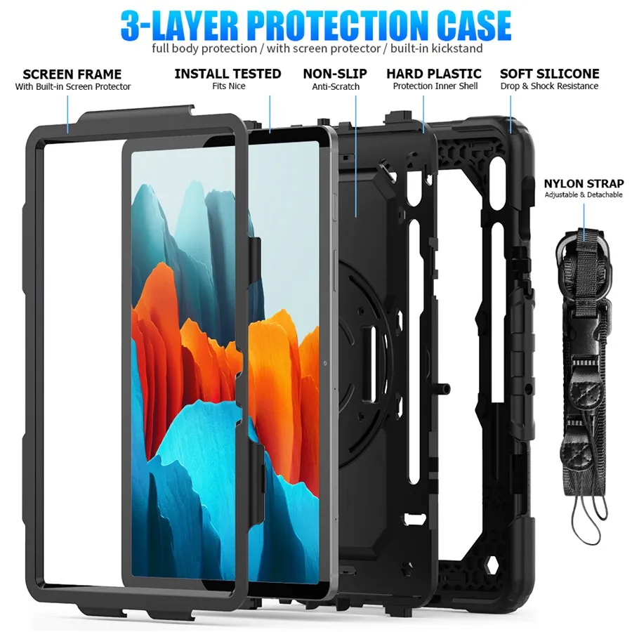 hand strap 360 rotatable kickstand rugged protective case with screen protector for samsung galaxy tab s7 11 sm t870 sm t870 free global shipping