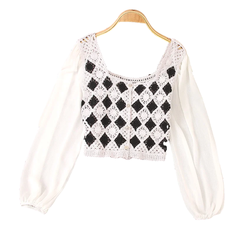 

2021 Autumn New French Square Neck Stitching Long-sleeved Shirt Women's Thin High-waist Short Top UK032