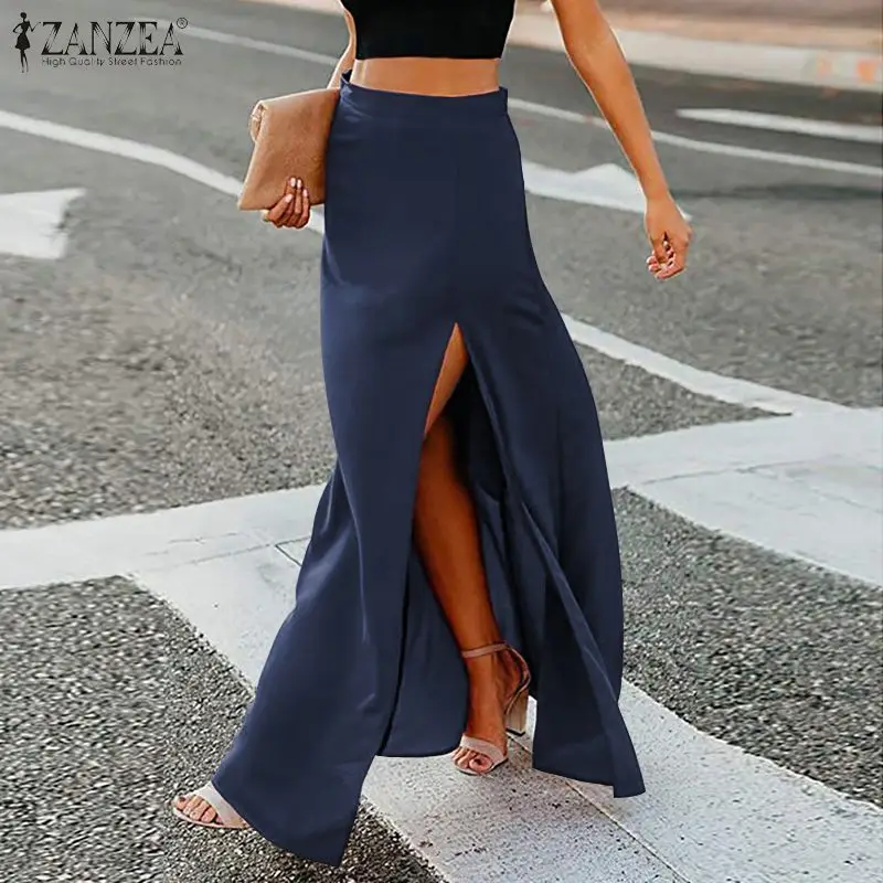 ZANZEA 2020 Fashion Women Sexy High Slit Skirts Casual Back Zipper Up Maxi Faldas Mujer Bohemian Beach Party Long | Женская одежда