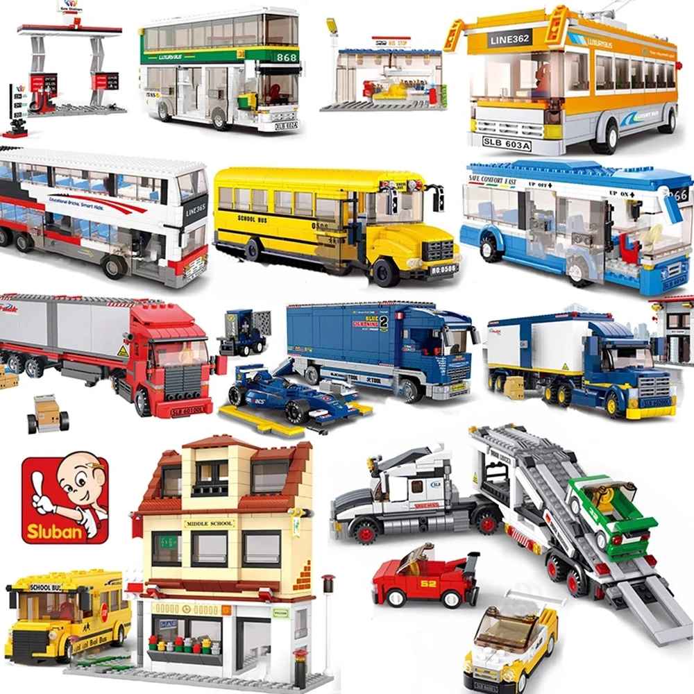 

Sluban City Series School Bus DIY station Building Blocks Truck Double Van Freight Assemble Bricks vehicle Boy toys for kids