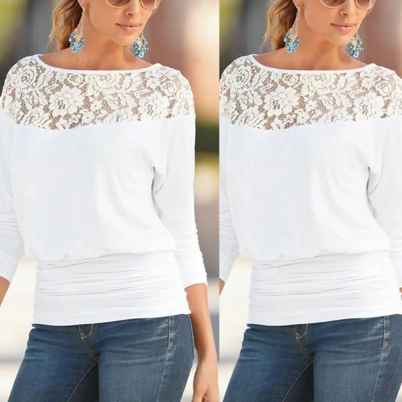 Женская кружевная рубашка с длинным рукавом круглым вырезом|Блузки| |