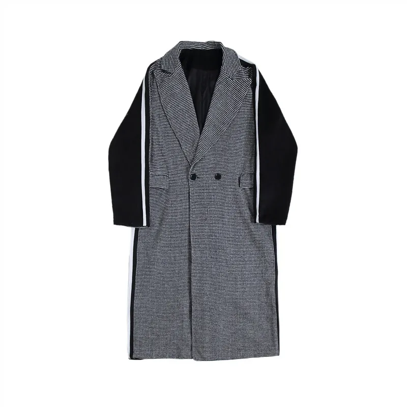 

Male Windbreaker Jacket Outerwear Men Vintage Streetwear Fashion Hip Hip Plaid Splice Loose Long Wool Trench Coat