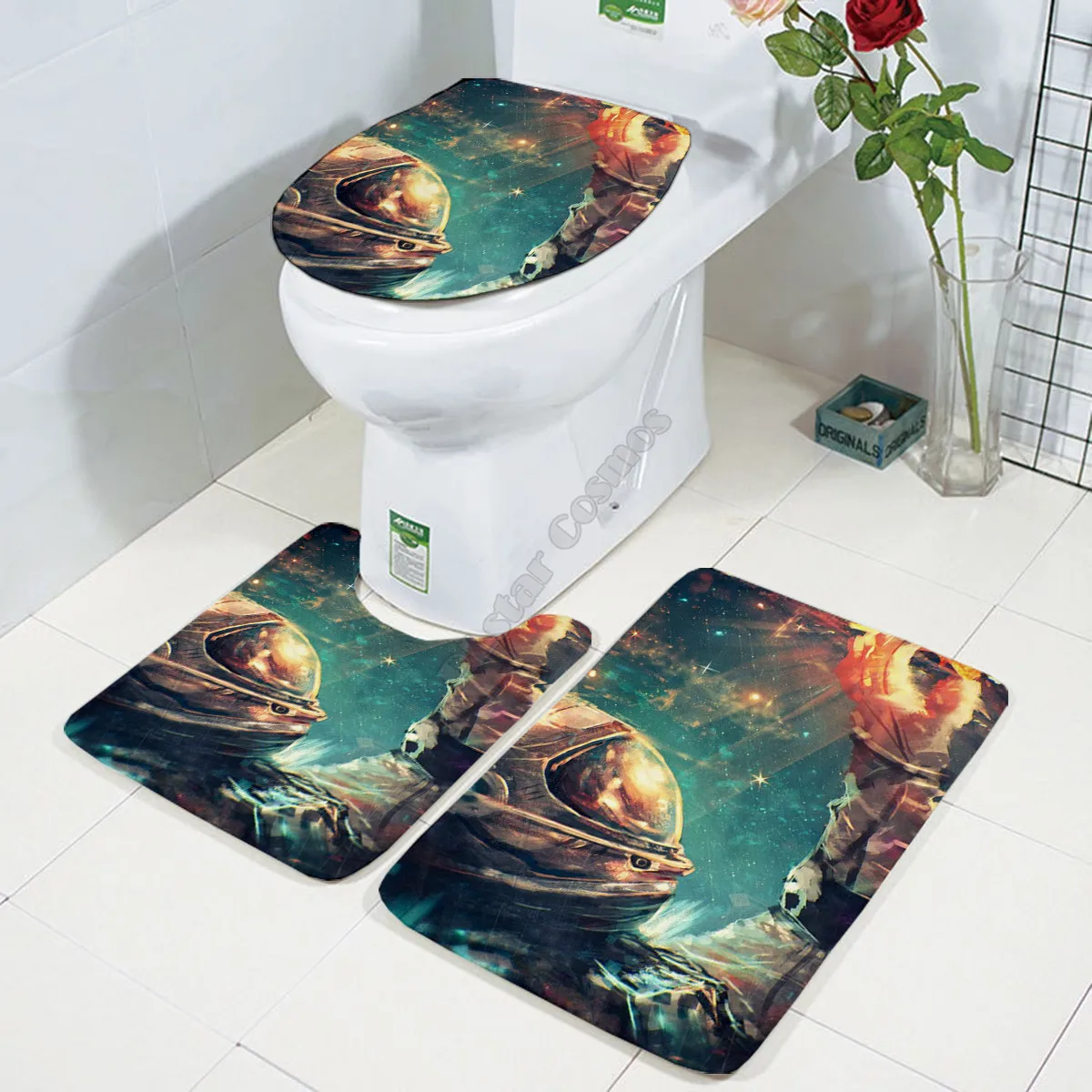 

Galaxy astronaut Three-piece set 3D printed Bathroom Pedestal Rug Lid Toilet Cover Bath Mat Set drop shipping 02