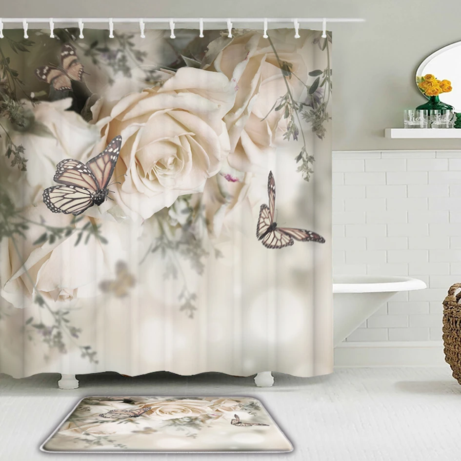 

Colorful Beautiful Flower Butterfly Shower Curtain Set Waterproof Bathroom Curtains Toilet Non-slip Mat Bath Floor Mat Decor