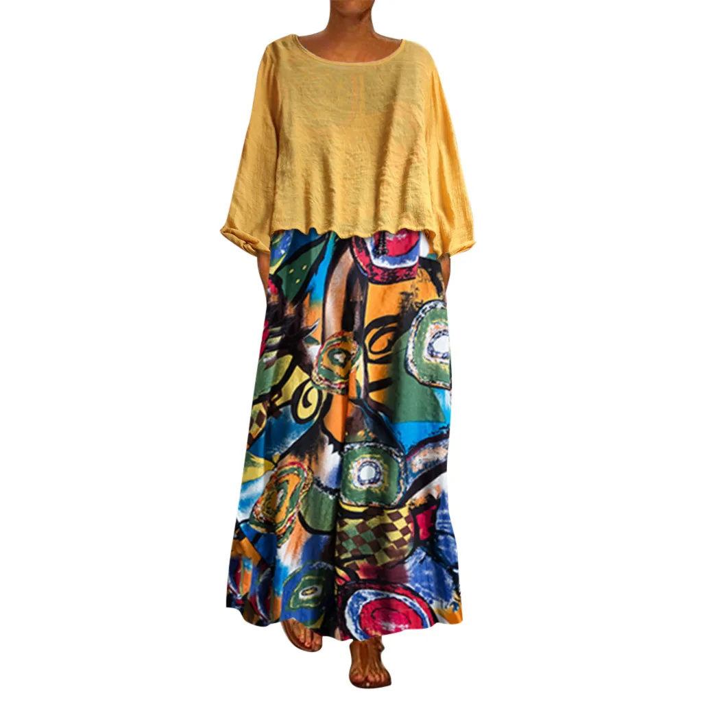 2019 Весна Лето Новое Женское винтажное платье из двух частей с этническим принтом