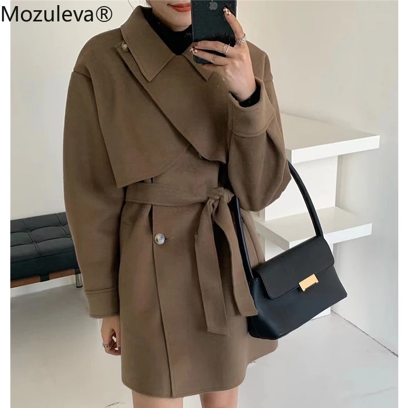 Женское шерстяное пальто на шнуровке с поясом Осень-зима | Женская одежда