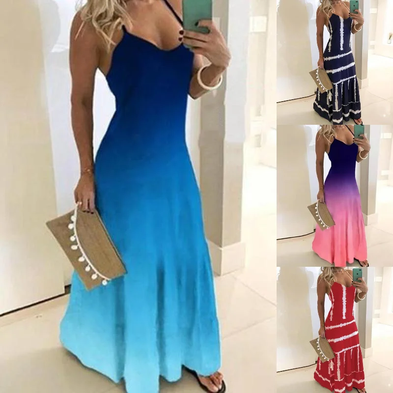 Женское длинное платье макси на тонких бретельках вечерние платья градиентного
