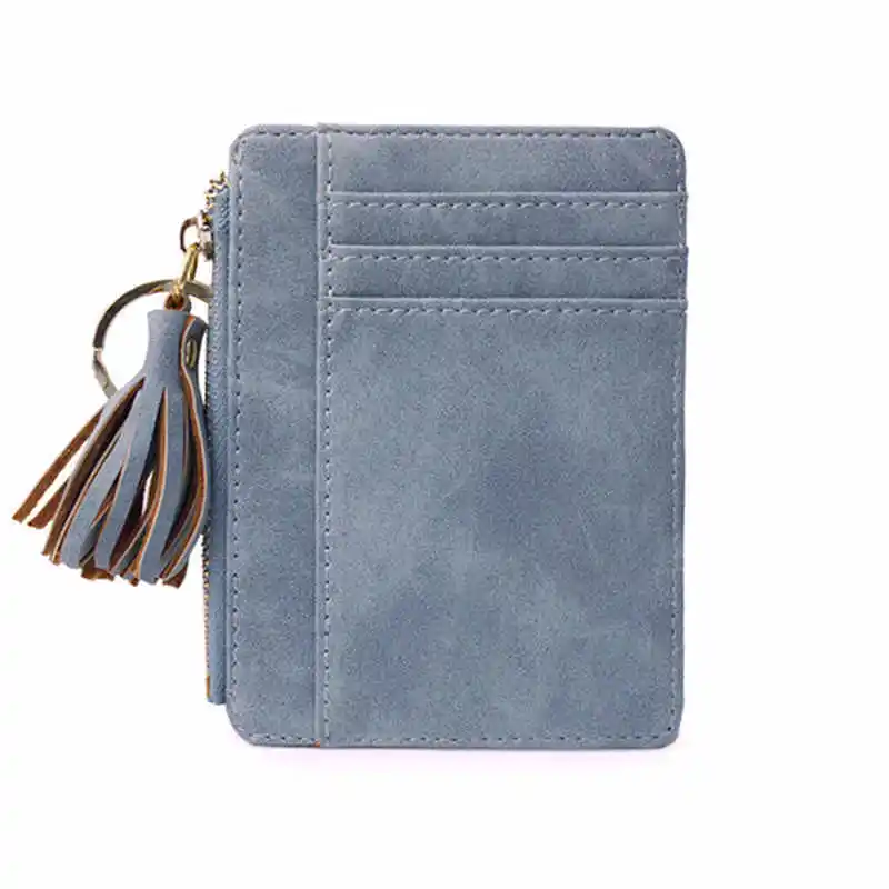 blue Matt Leather Mini Tassel Women Card Holder Cute Credit ID Card Holders Zipper Wallet Case Change Coin Purse Keychain Nubuck New - Цвет: blue