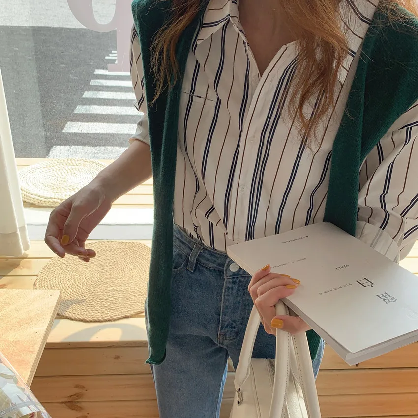 

Korean Chic French Minority Spring and Autumn Clothing Loose Temperament Slim Fit Versatile Top Polo Collar Stripes Loose Shirt