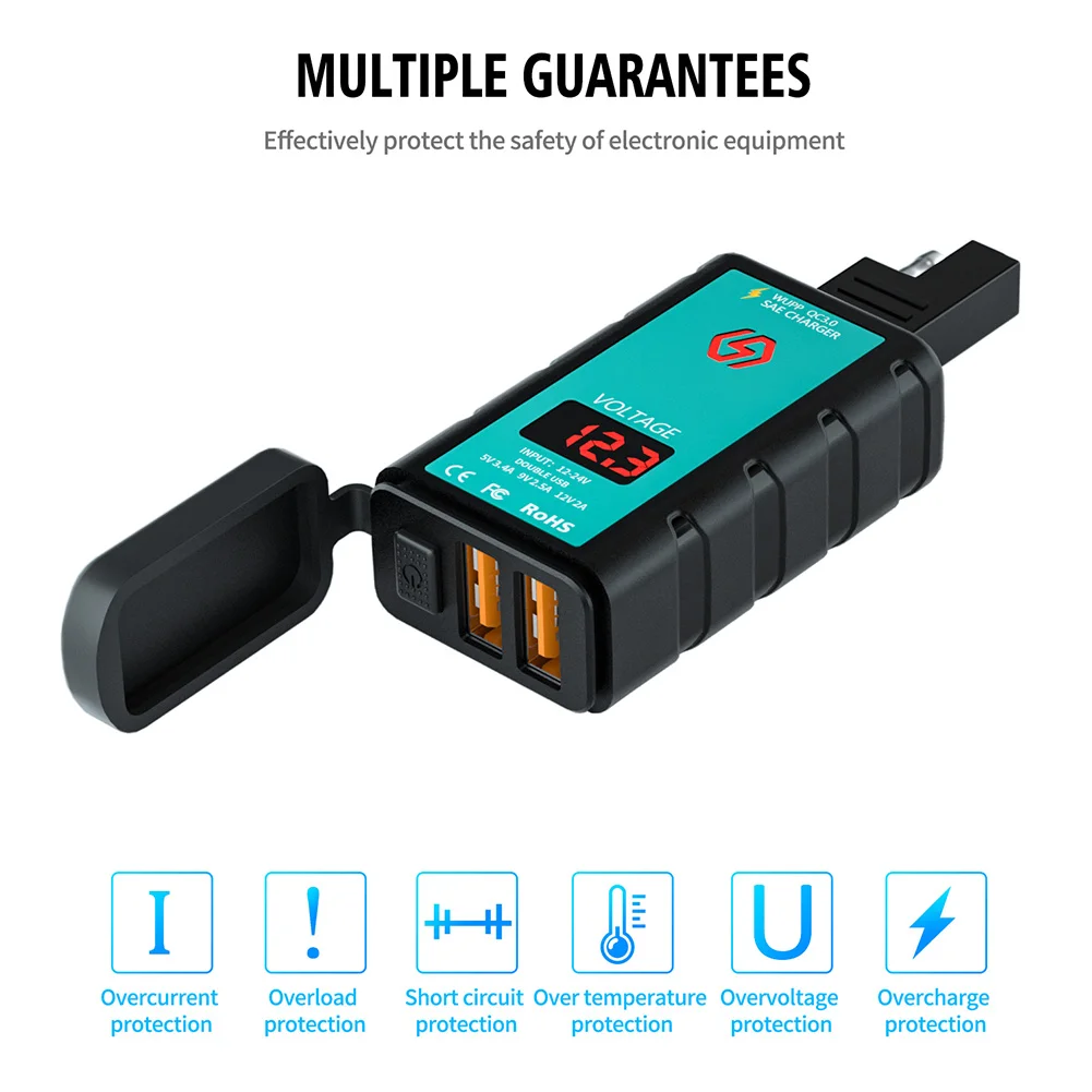 

Dual Port ZH-1422A2 Motorcycle Fast Charger Waterproof SAE to USB Type-C ABS Adapter Black + Red Voltmeter 66.6x38x21.3mm