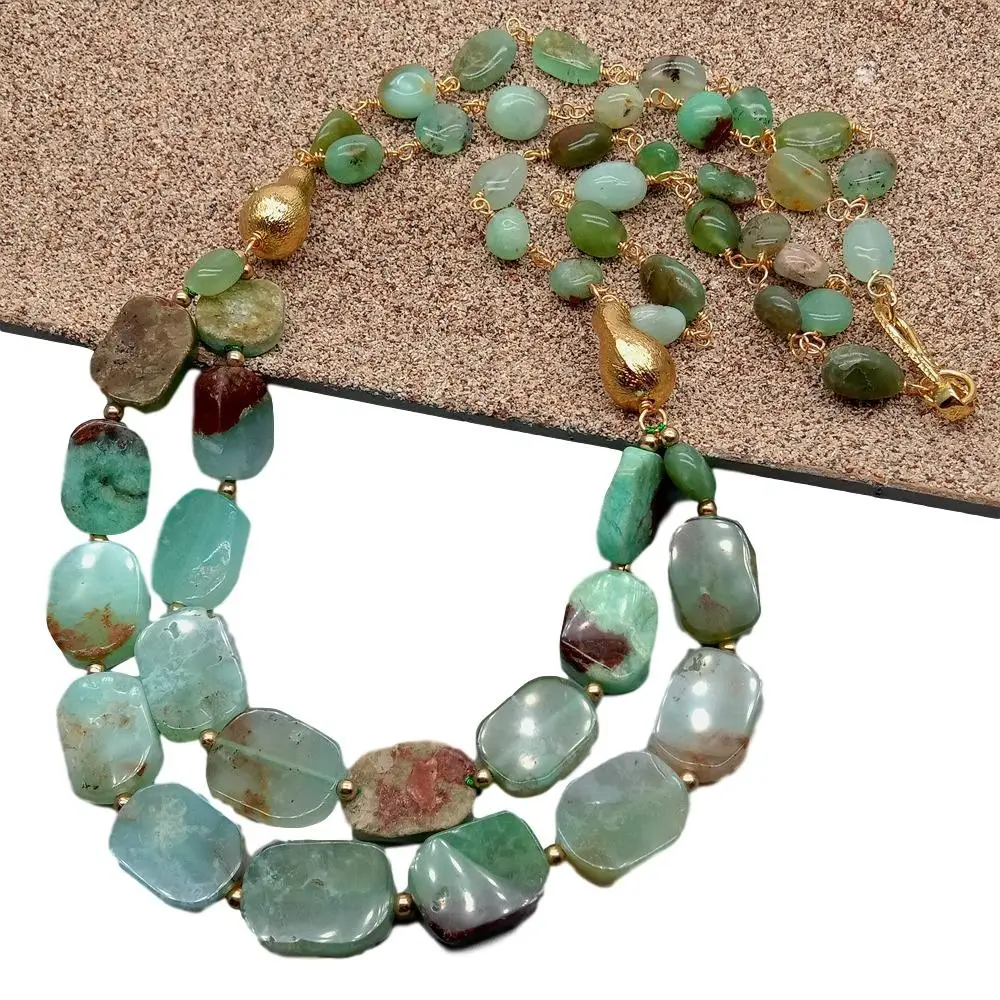 

YYING 2 Strands Natural Green Chrysoprase Gold Plated Brushed Bead Necklace 21"