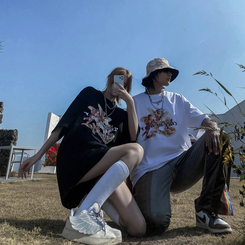 

Street Hipster Hip Hop Cute Angel Babies Print Tee Shirts Couple Tops Fashion Casual Short Sleeve Pure Cotton Loose Tshirts Men