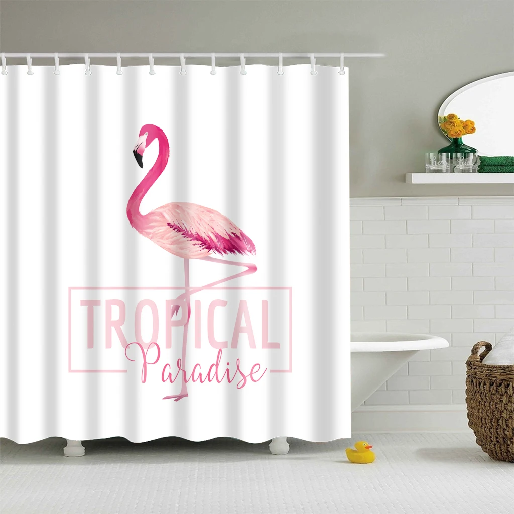 

Fabric Waterproof Flamingo Bathroom Shower Curtain Divider With 12 Hooks Set