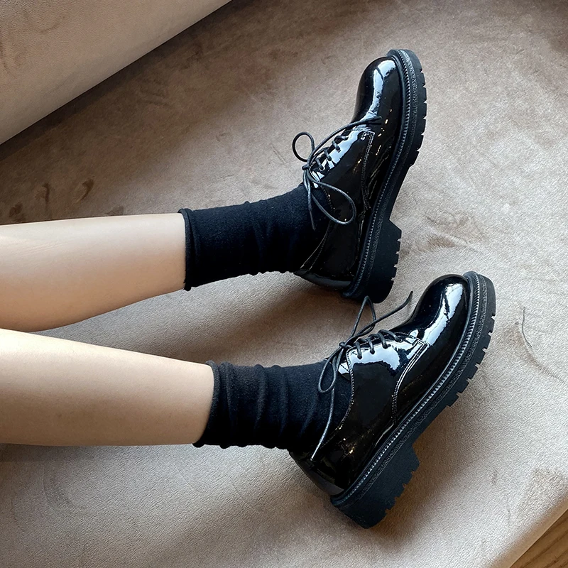 

Brand Shoes Genuine Leather Thick Heel Spring Flat Women Round Toe Lace Up British School Shoes Genuine Leather AM37 MUYISEXI