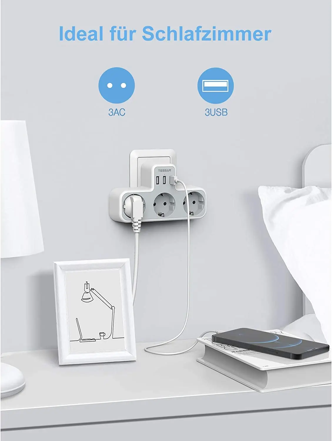 TESSAN EU Standard Plug Power Strip with 3 USB Ports &amp AC Outlets Multi Extender Wall Socket Adapter Type-E/F |