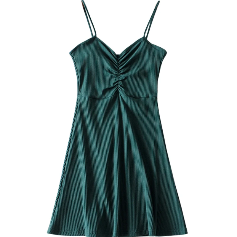 

Simple Solid Color Bottoming Suspender Dress Western Style Chest Pleated Sunken Stripe Slim-Fit Suspender Dress Versatile Short