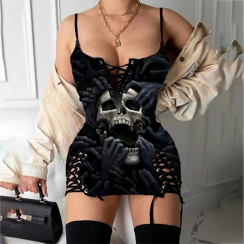 

Summer Goth Vintage Skull Rose Print Dress Vestidos Sleeveless Lace Up Gothic Dress Robes Femme Grunge Sexy V-neck Mini Dresses
