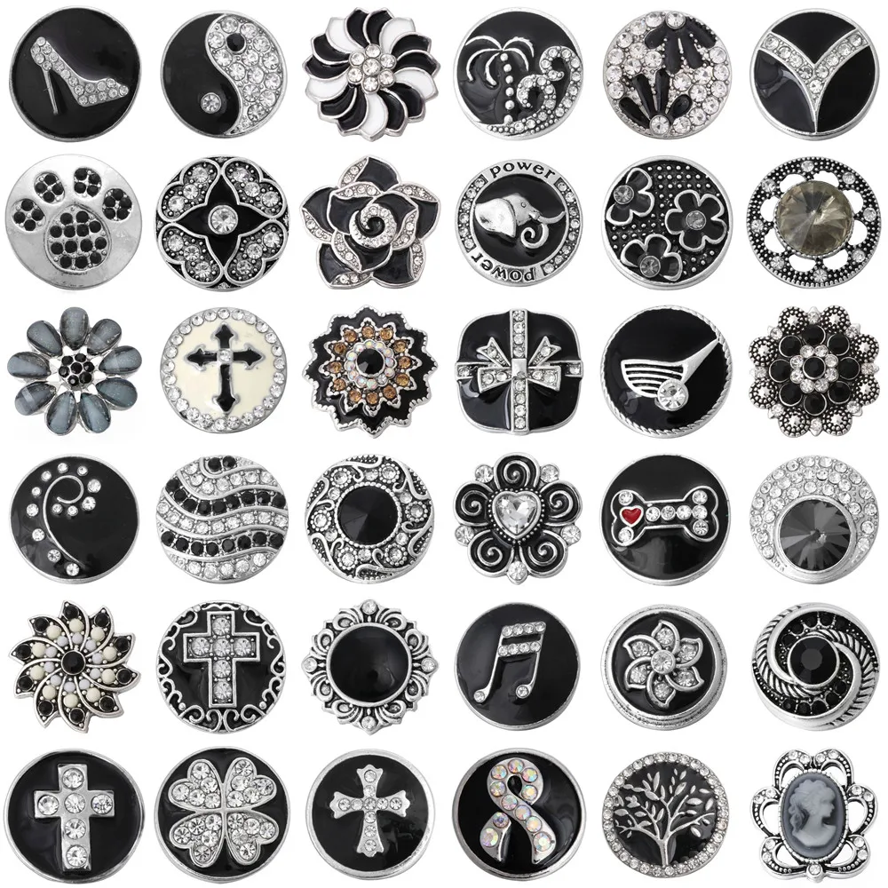 6pcs/lot New Snap Button Jewelry 18mm Snap Buttons Black Rhinestone Snaps Buttons for Snap Bracelet Bangle