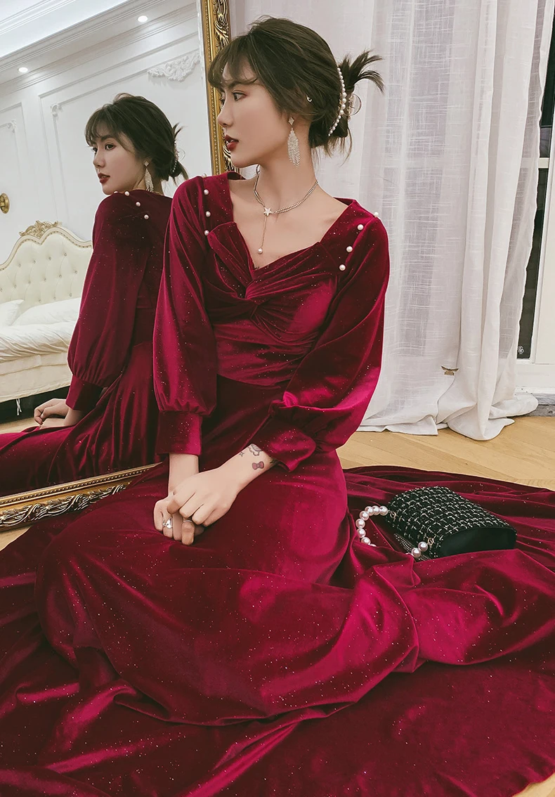 AnXin SH Princess sweetheart long sleeve velvet a line evening dress vintage zipper party brie wine red | Свадьбы и торжества