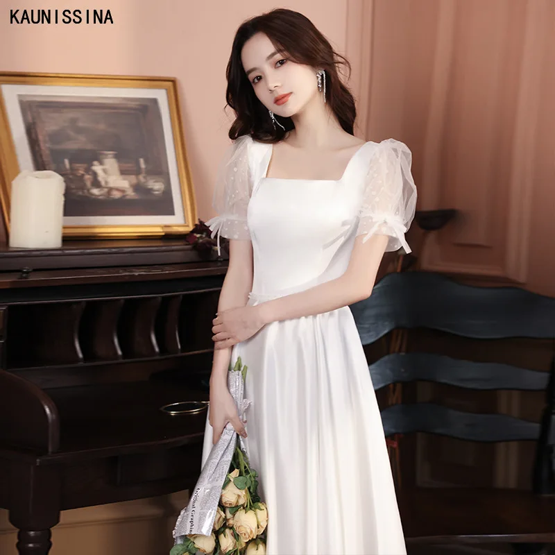 

KAUNISSINA White Formal Prom Dresses Square Collar A-Line Satin Zipper Back Short Puff Sleeves Elegant Evening Dress Party Gown