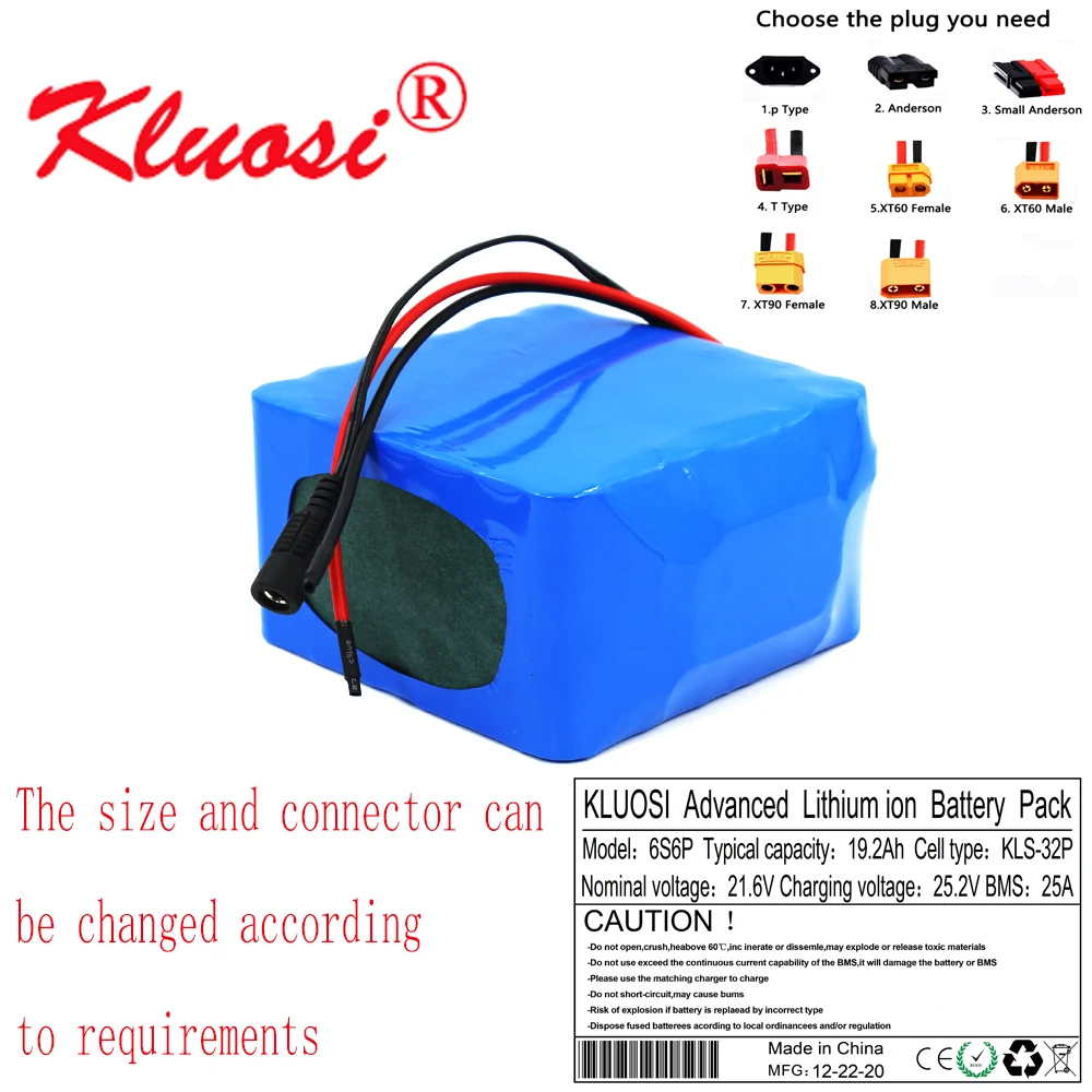 

KLUOSI 6S6P 24V 19.2Ah 21.6V 20Ah 25.2V Lithium Battery Pack with 25A BMS for Electric Bicycle Ebike Scooter Wheelchair Cropper