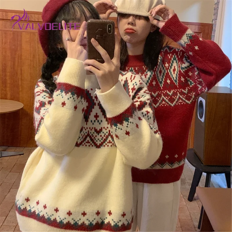 

Новинка 2021, женский свитер с круглым вырезом, зимний бархатный теплый вязаный пуловер, топ с рождественским принтом, Модный Универсальный с...