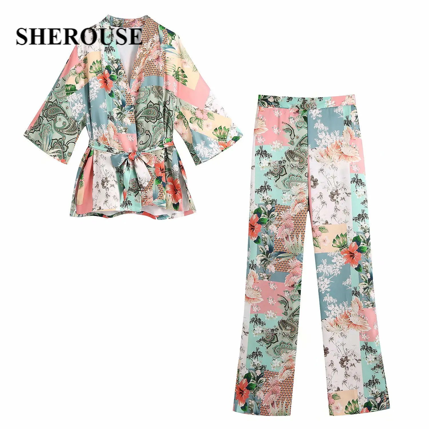 

2021 New Women Floral Printed 2 Pieces Set Sashes Shirt Oversized Blouse Long Trouser Suit Casual Women Outfit Pants Sets