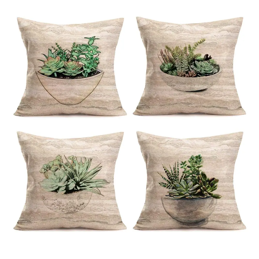 

Льняная наволочка для дивана с принтом зеленых растений, суккулентов, украшение для дома, возможно изготовление на заказ, 40x40