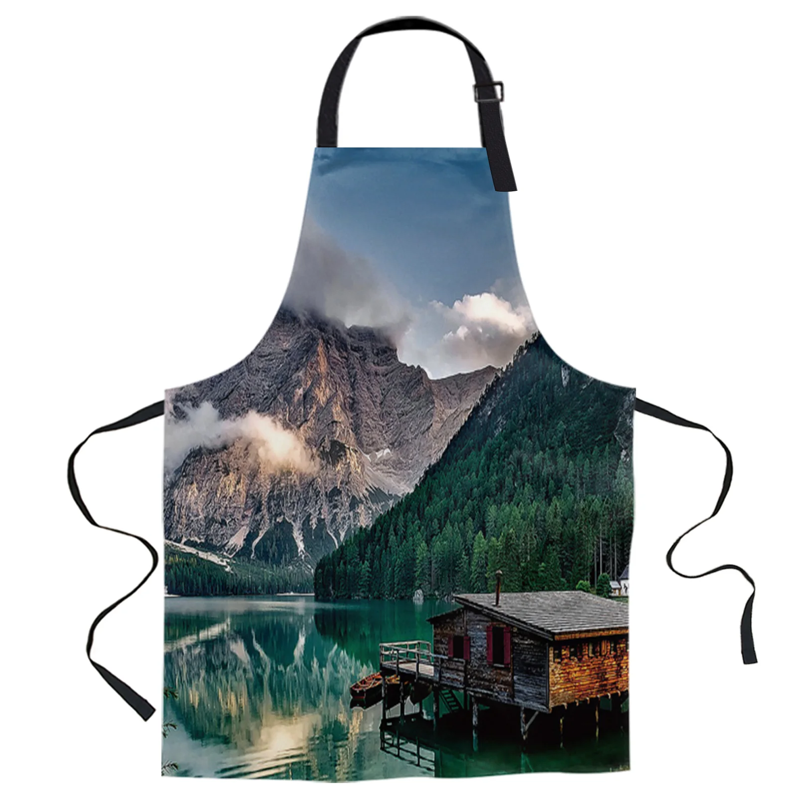 

Горная древесная хижина с принтом озера, Кухонные фартуки для готовки, холщовые фартуки без рукавов для женщин, мужчин, детей, домашние фарт...