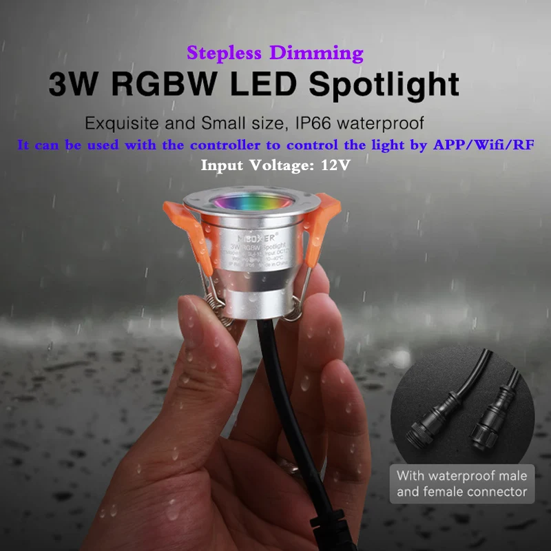 3W RGBW Dimmable LED Spotlight Mini Indoor Outdoor 12V Cabinet Light with Waterproof Connector Compatible 2.4G Wifi RF Control