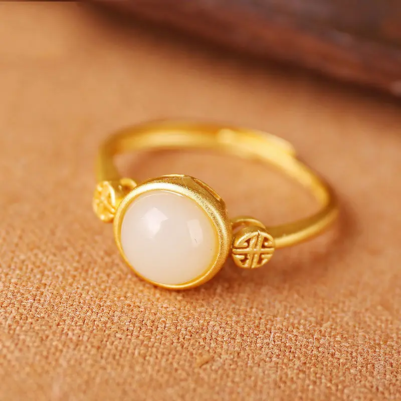 

SNew Silver Inlaid Natural Hotan White Jade Round Frosty Wind Process Opening Adjustable Living Women Ring