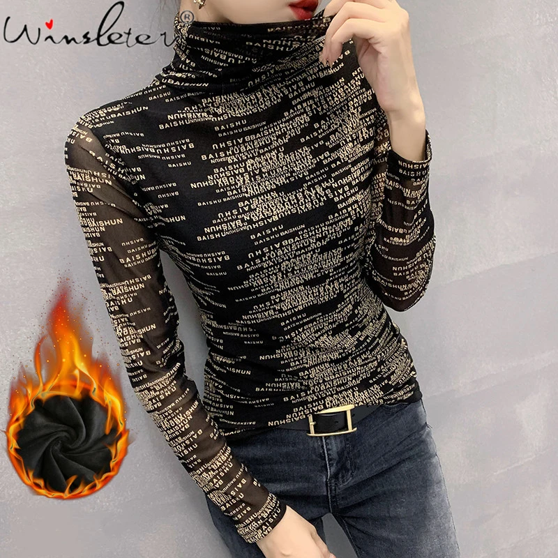 

Fall Winter Clothes T-Shirt Chic Sexy Turtleneck Mesh Print Letter Women Tops With Fleece Bottoming Shirt All Match Tees T17406A