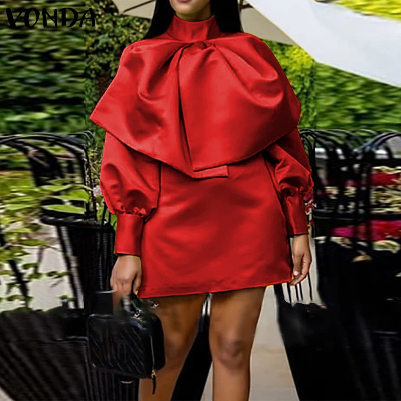 

VONDA 2021 Autumn Mini Dress Women Sundress Casual Lantern Sleeve Bow Vestidos Satin Slik Elegant Party High Neck Solid Vestidos