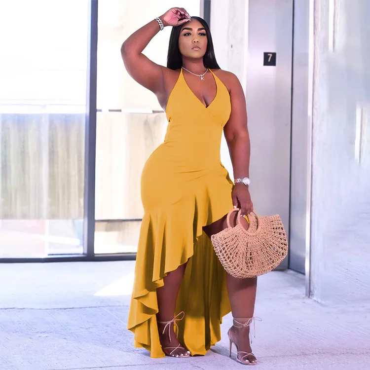 

Dress Women Plus Size 4xl Wholesale Casual Elegant Party Outfits Solid Ruffle Hem Summer New Maxi Dresses for Women Dropshipping