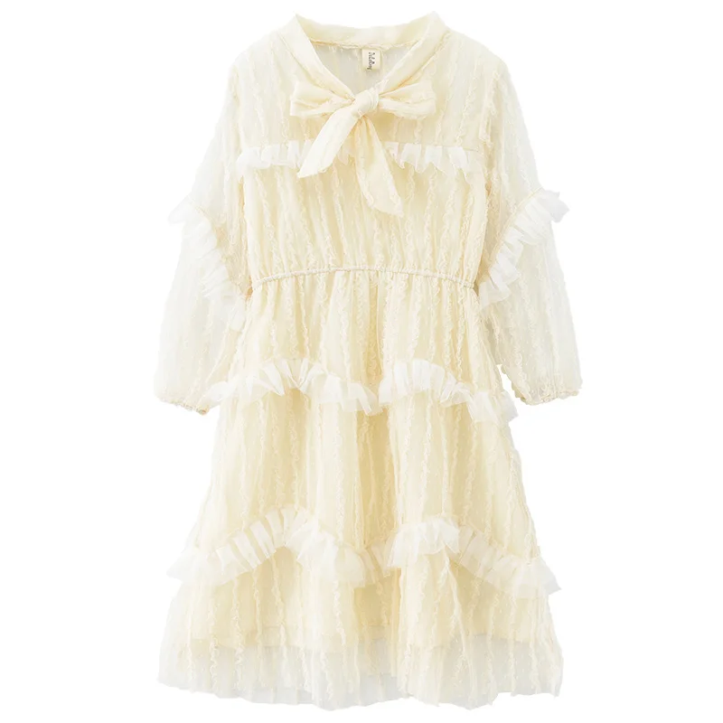 

Dress for Girl 2021 Summer White Costume Fancy Patchwork Dress Bow Flower Long Sleeve 3 5 7 8 12 14 Year Kids Clothing