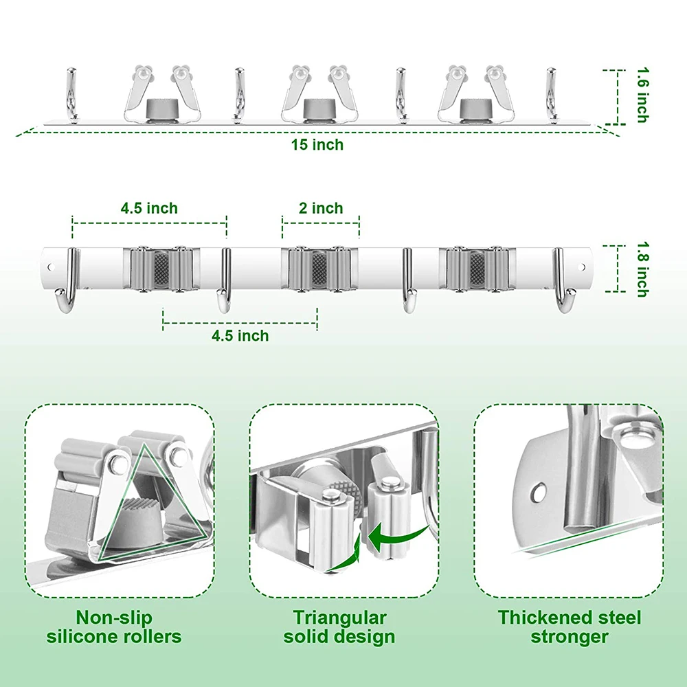 

38.5cm Mop Broom Holder with 4 Hooks Wall Mount Heavy Duty Stainless Steel Utility Punch Free Rack for Kitchen Bathroom 889