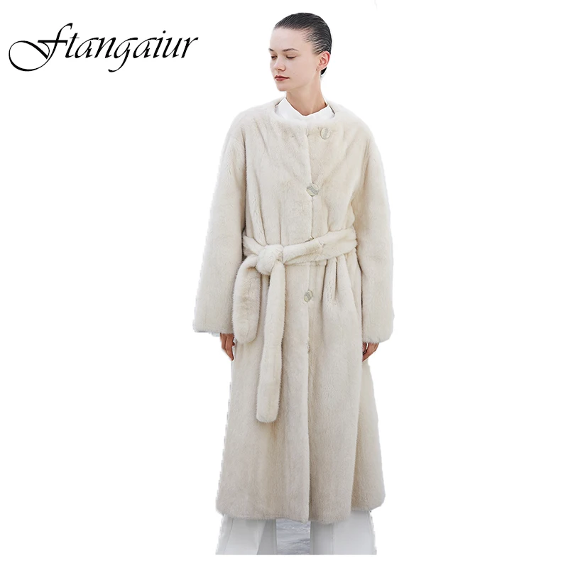

Ftangaiur Winter Import Velvet Mink Fur Coat Women O-Neck With Sashes Pure Color Loss X-Long Natural Real Mink Fur Coats