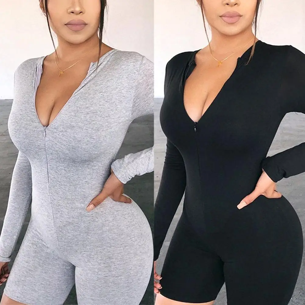 

Women O Neck Long Sleeve Zip Closure Bodycon Bodysuit Elastic Sports Jumpsuit Zip Closure Solid Color Bodycon Easy to Match